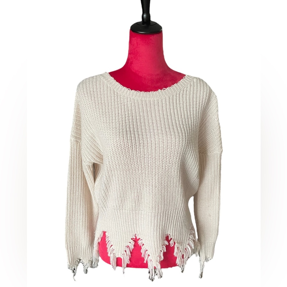 Cream Knitted Frayed V Back Sweater S